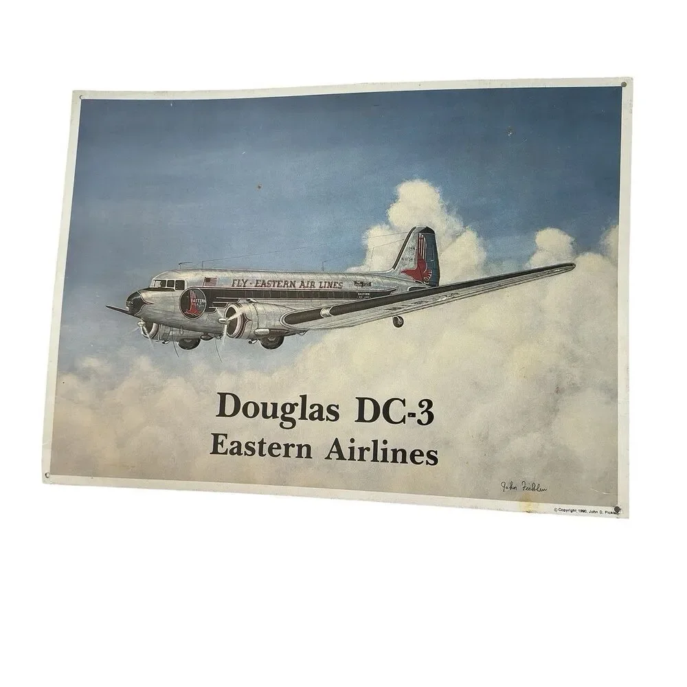 2 Vintage Douglas DC-3 Delta Eastern Airlines Metal Sign Set John Ficklen 1990